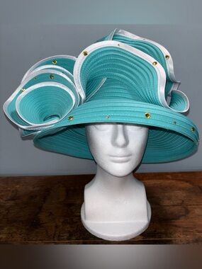 Susanna Women’s Hat Turquoise Wide-Brim Floral Rhinestone Accents Derby Church